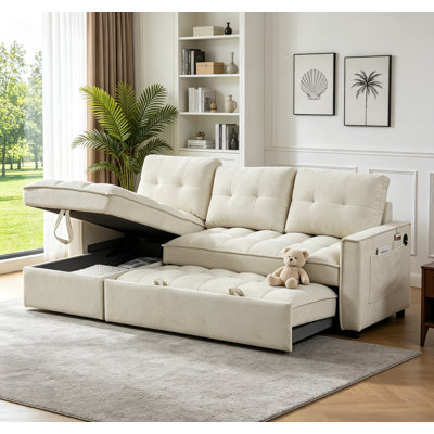 Canapé-lit modulaire en L 71 po avec méridienne de rangement en cuir et canapé-lit réversible convertible moderne avec ports USB et poche latérale