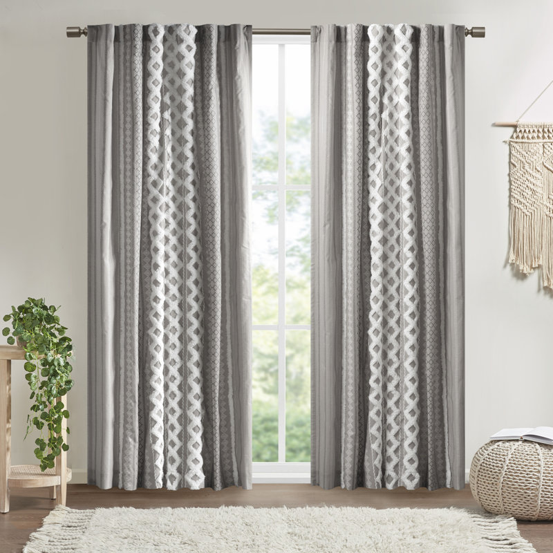 Imani 100% Cotton Printed Boho Single Curtain Panel with Tufted Chenille Stripe and Lining, Gray, 50" W x 84" L