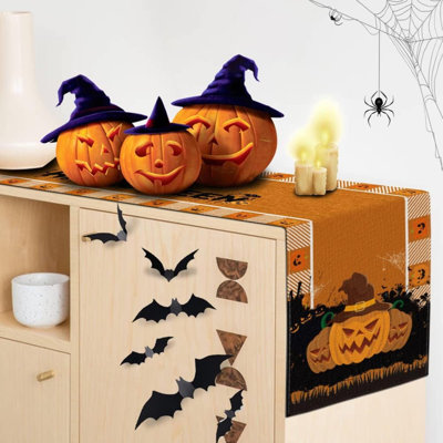 Chemin de table d'Halloween, chemin de table citrouille pour table de ferme, décoration de fête d'Halloween intérieure, motif à carreaux Buffalo orange et noir - 13 x 72 pouces