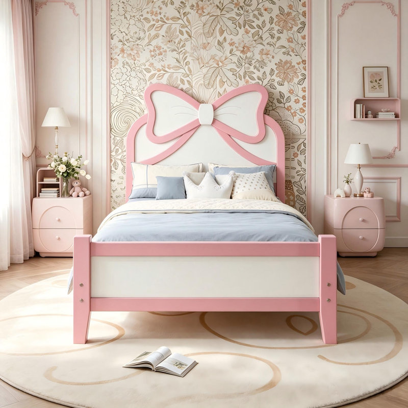 Lit plateforme en bois pour une personne avec tête de lit arquée, cadre de lit en bois massif avec sommier à lattes, lit plateforme bas pour enfants, adolescentes et filles, sommier non nécessaire, rose et blanc.