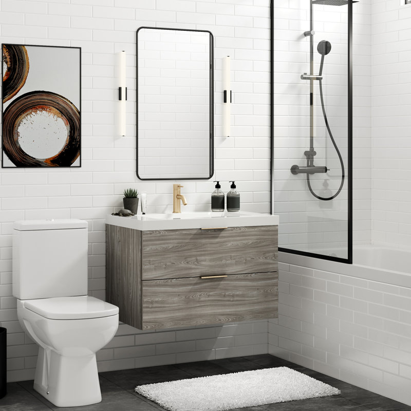 Avila 30" W Wall Mounted Single Bathroom Vanity, Nimbus, Satin Brass, Matte White/Single