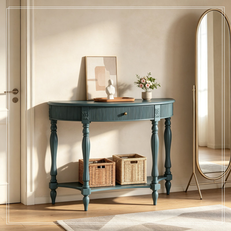 Demi-lune en bois avec tiroir et tablette Mcclendon, Bleu antique