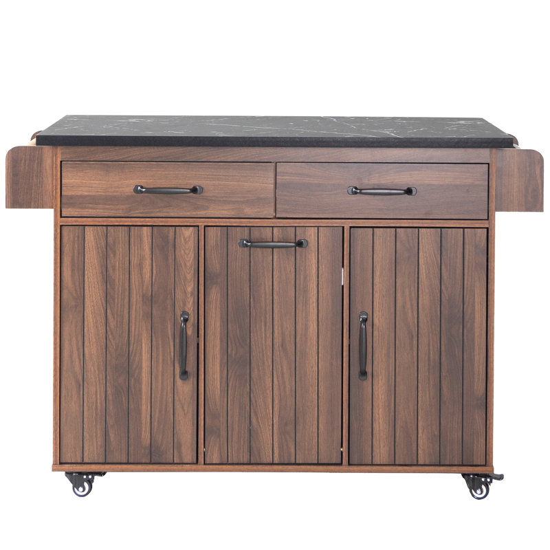Kitchen Island With Trash Bin Storage, Drop Leaf, Adjustable Shelves, Spice Rack, Towel Walnut Style Storage - Brown