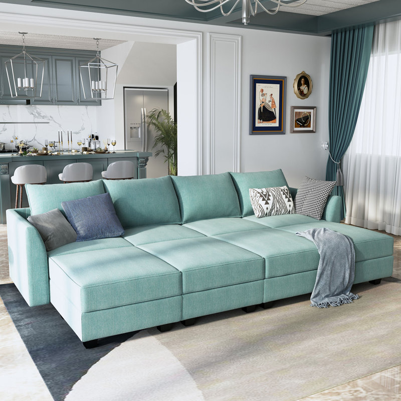 U shaped Sleeper Sectional Modular Sectional Sofa with Chaise, Blue Polyester