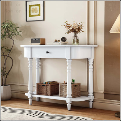 Narrow Console Table with Curved Corners, Drawer and Open Shelf