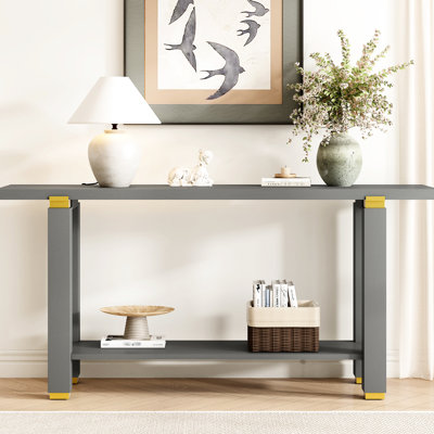 62.9", Modern Minimalist, Table, Solid Pine Legs, Veneer, Geometric Metal Accents, Gray, Behind - Display Setup 62.9-Inch, Console Iron Open Concept Living Room