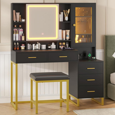 Annahy 44.9" W Makeup Vanity with Lighted Mirror and Stool