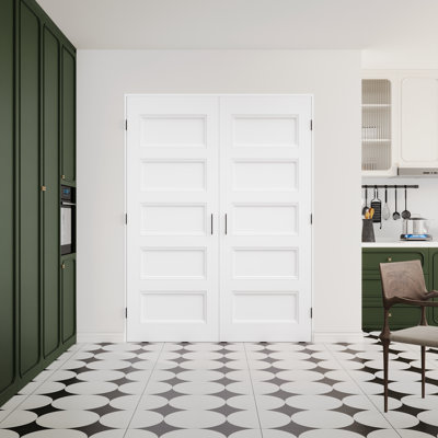 56" x 80"  5-Panel Molded Solid French Door with Jamb, Black Hinges and Ball Catch, Solid Core Door Slab, French Interior Door as Pantry Door, Bedroom Door, Laundry Door, Closet Doors, Room Doors, Latch & Door Lever Included