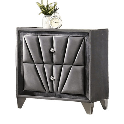 Gray 2 - Drawers Bedside Cabinet With Fabric Upholstered, Legs, Glass Top, Crystal Like , Contemporary Bedroom Furniture Nightstand, Drawers, Acrylic