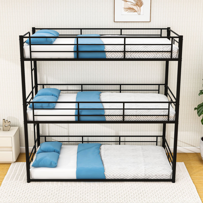 Metal Triple Bunk Bed with Full-Length Guardrails, Quiet Slat Support System, Twin Over Twin Over Twin, Black