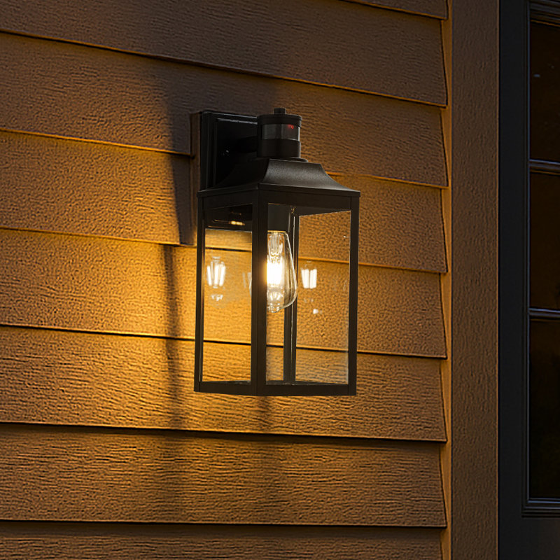 1 Light H16 In. Farmhouse Outdoor Wall Lantern Wiht Motion Sensor In Matte Black Modern Exterior Wall Sconce With Clear Glass For Porch Courtyard