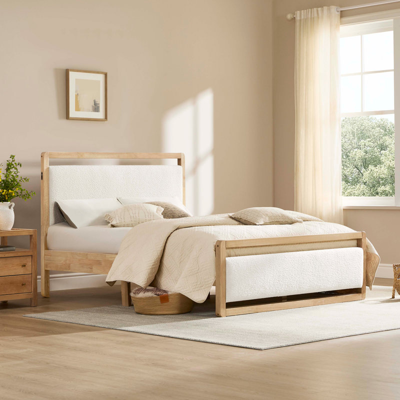Structure de lit rembourrée moderne en bois massif avec USB, Crème, Crème, Grand lit