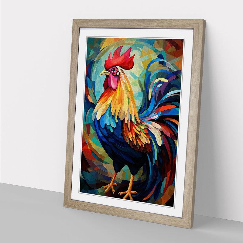 Rooster Orphism - Single Picture Frame Print on Wood, Oak, 46cm H x 34cm W x 2cm D