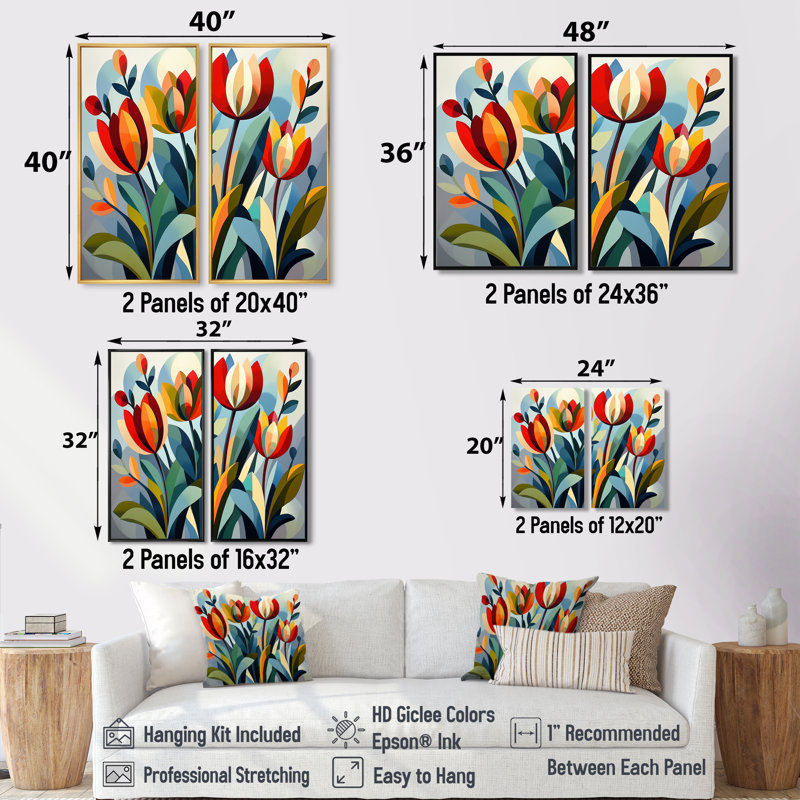 Green Mid Century Mod Nature Tulip V - Art mural moderne 2 pièces, 20" H x 24" W, Impression encadrée flottante, Brown