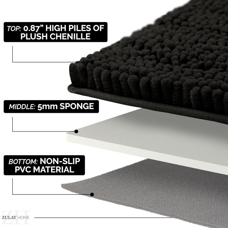 Zulay Home Soft Shaggy Bathroom Rug - Ultra Absorbent Bath Mats For Bathroom Non Slip Carpet - Microfiber Thick Bath Rugs For Bathroom, Under The Sink, Bedroom, Shower (Black, 20"X30")