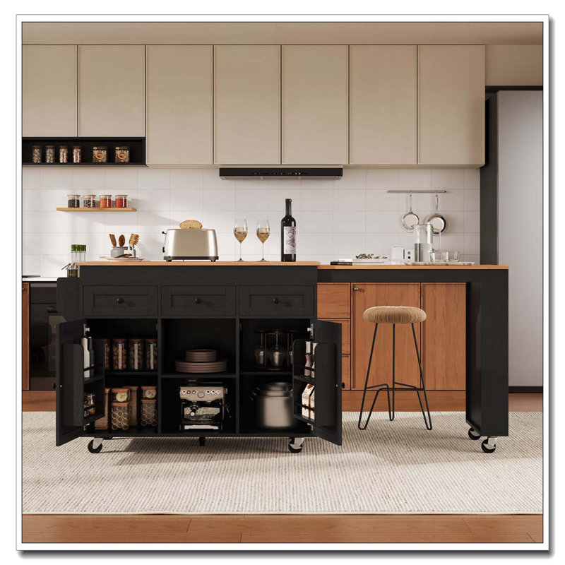 Îlot de cuisine 85,5 po avec table de salle à manger extensible et prise de courant, Noir