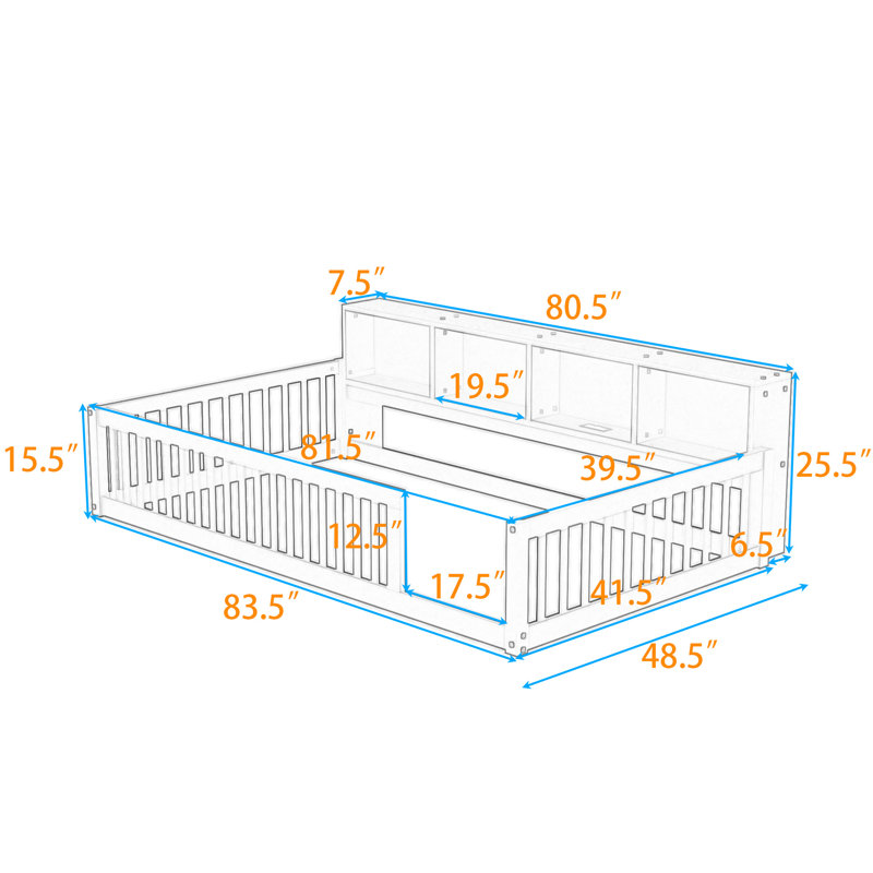 Lit de sol moderne Keidi avec rangement et ports USB, Brun