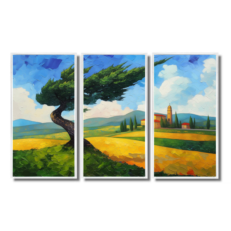 «The Swaying Cypress Pointillism Reimagined III - Van Gogh», ensemble d'art mural, H 28 po x l 36 po, Blanc