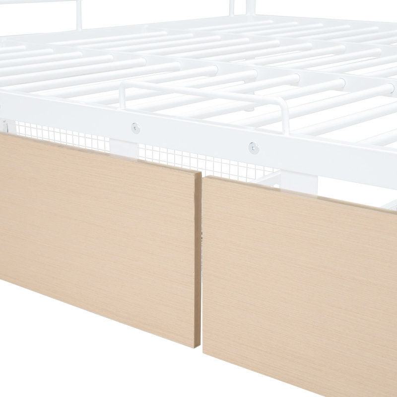 Full Xl Over Queen Bunk Bed With 2 Drawers, White - Modern Iron Construction For Teens, Safe & Space Saving Metal Design