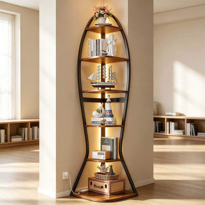 6-Tier Corner Shelf with LED Lights – Fish-Shaped Display Stand for Living Room & Bedroom, Brown