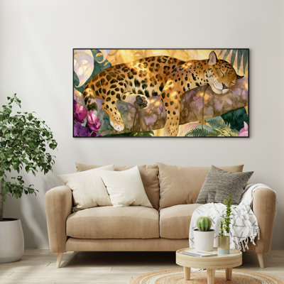 Très grand art mural imprimé léopard reposant dans un jardin botanique tropical pour le salon ou la chambre à coucher «Assemblage requis du cadre (cadre non fini)»