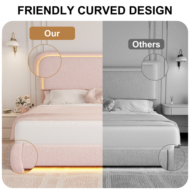 LED Teddy Fleece Platform Bed Frame with Round Corner Upholstered Headboard, Full, Pink
