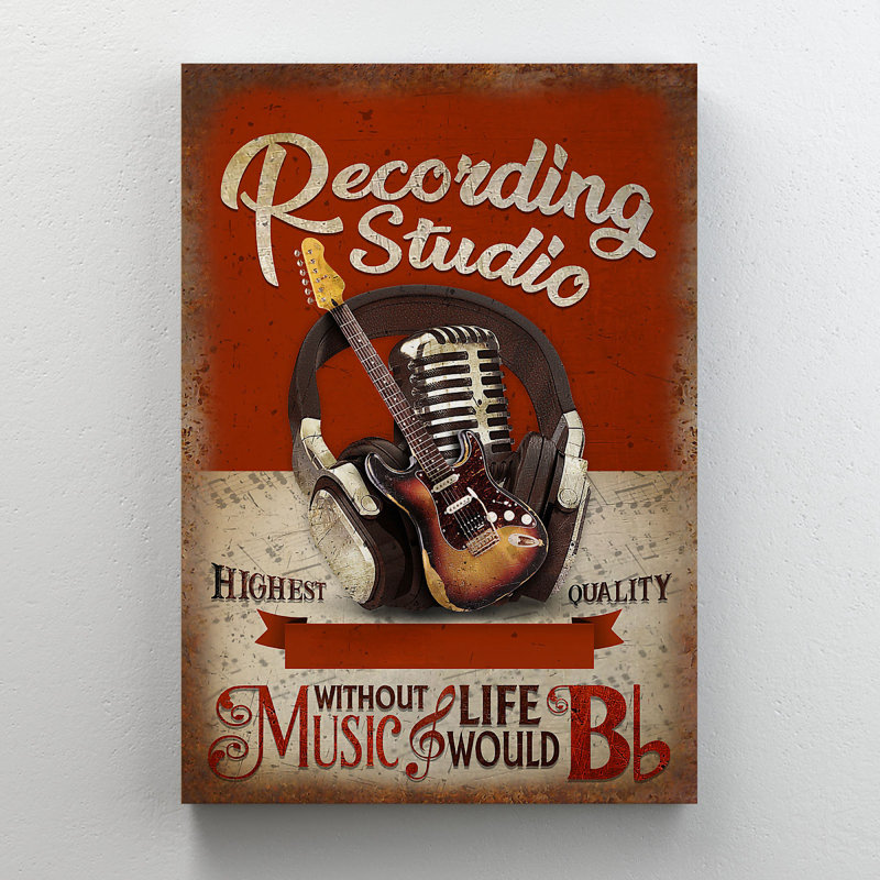 Guitare, microphone et casque d'écoute - Sans la vie de la musique - 1 pièce, reproduction d'art graphique sur toile tendue