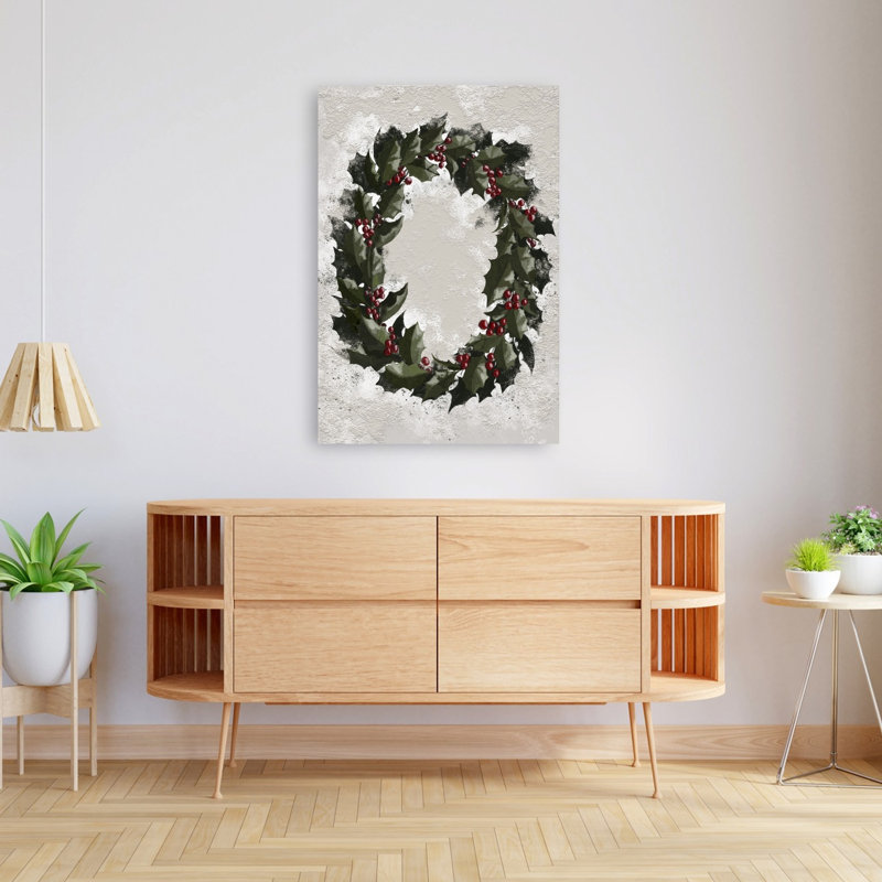 «Rustic Holly Wreath», reproduction d'art contemporain abstrait fleur d'hiver, 48" H x 32" W
