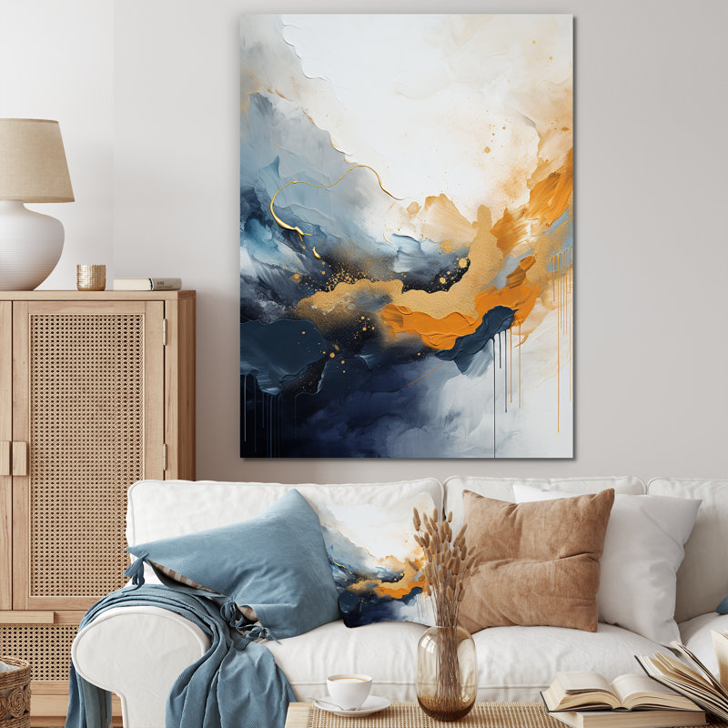 «Blue and Yellow Fluid Harmony», peinture IV - art mural abstrait, Toile tendue, H 60 po x l 28 po