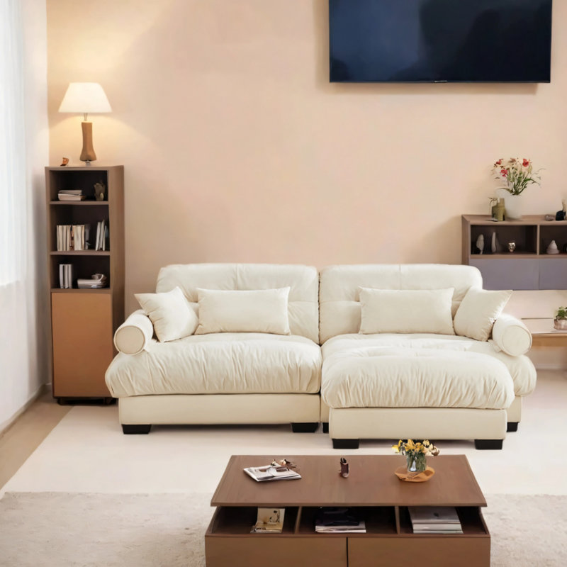 Canapé double en velours avec accoudoirs coussinés, repose-pieds, coussins lombaires et coussins décoratifs, Crème, crème