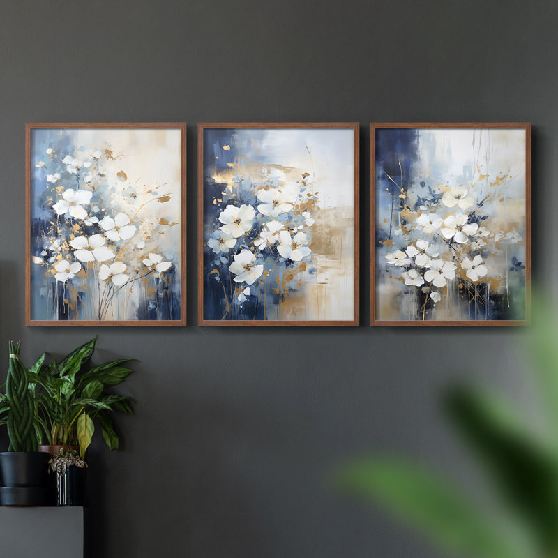 Étude florale série C III - lot de 3 estampes numériques - prêt à, Cadre noyer, H 28 po x l 22 po
