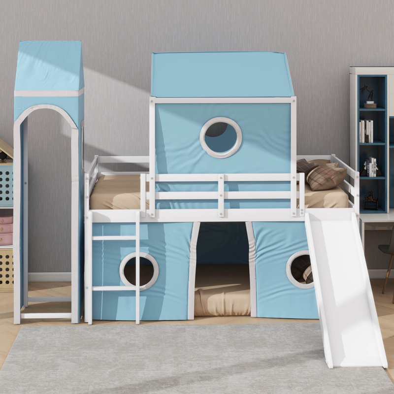 Lit mezzanine simple avec tente et tour rose Slide, Bleu
