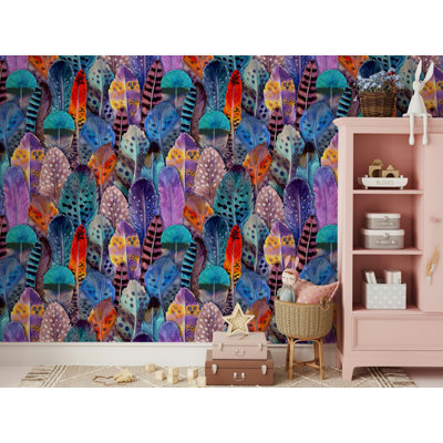 Papier peint à motif de plumes colorées Boho