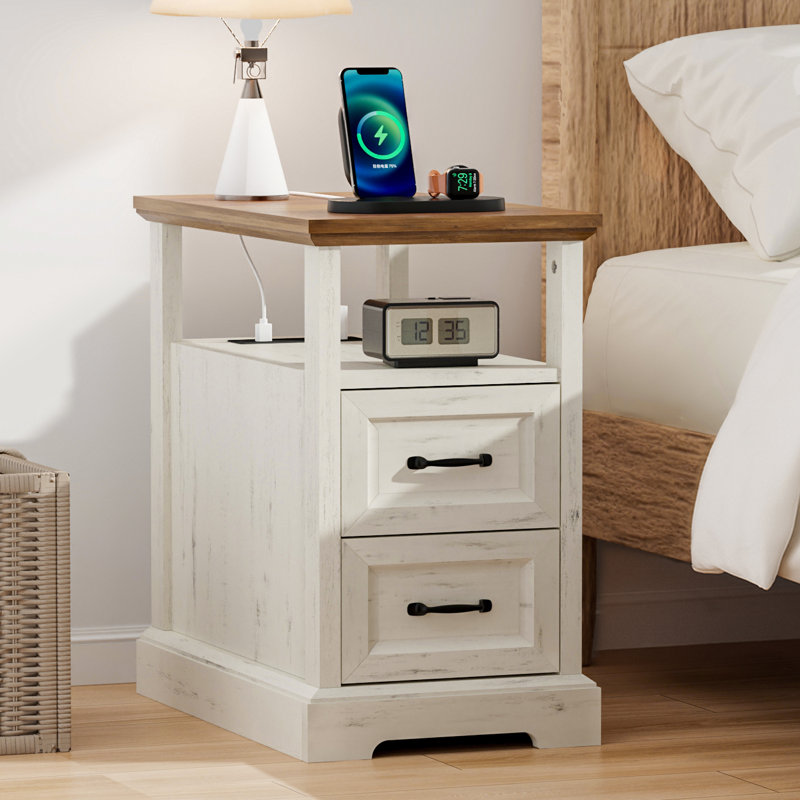 2-Drawer Farmhouse End Table With Built-In Outlets, Natural/Rustic White