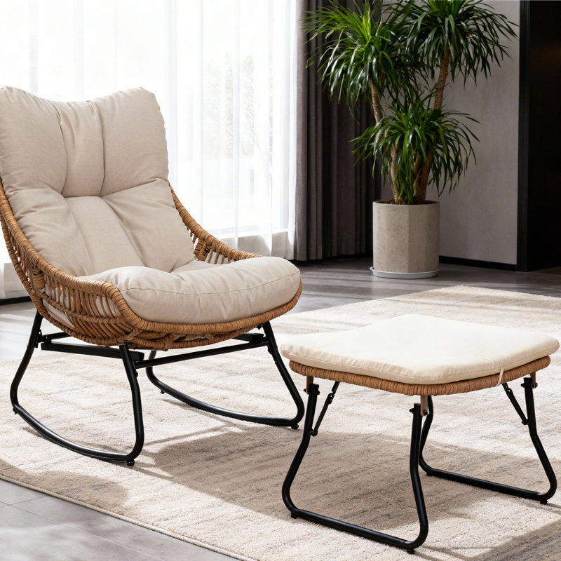 Kacyn All Weather Patio Wicker Outdoor Ottoman With Cushion(set Of 2), Beige, 2