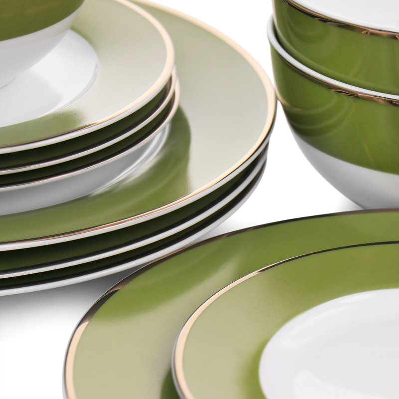 Green and Gold Rimmed 12-Piece Ceramic Dinnerware Set