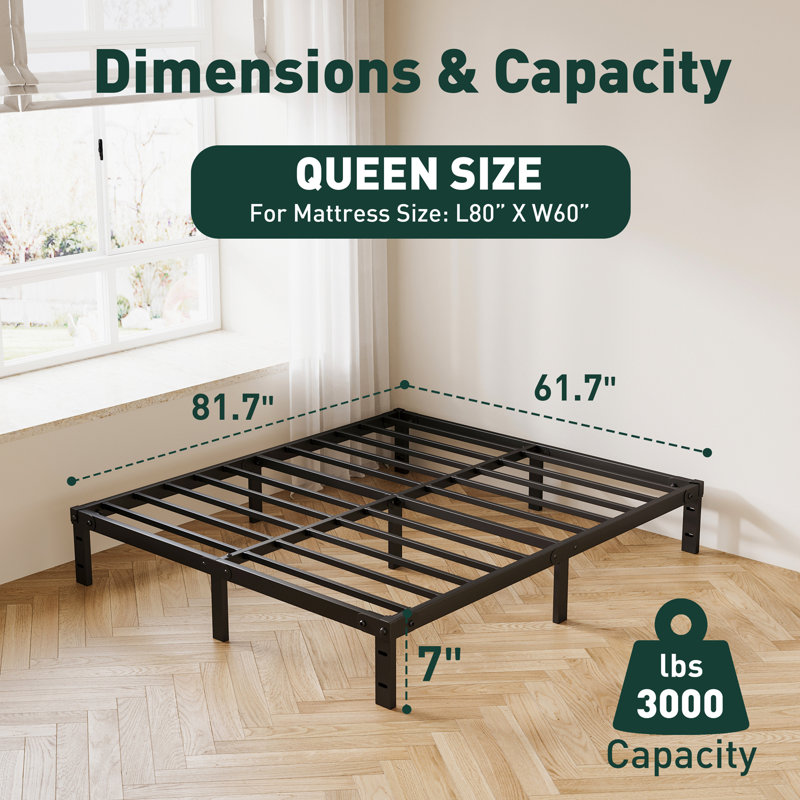 7" Steel Bed Frame Heavy-Duty Noise-Free No Boxspring Needed with Rubber Corner Guards, Queen