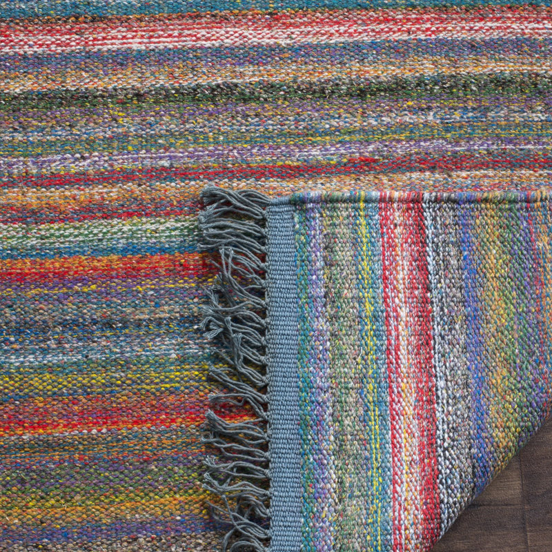 Margolis Hand Woven Viscose/Cotton Striped Rug in Blue/Orange, Rectangle 5' x 8'
