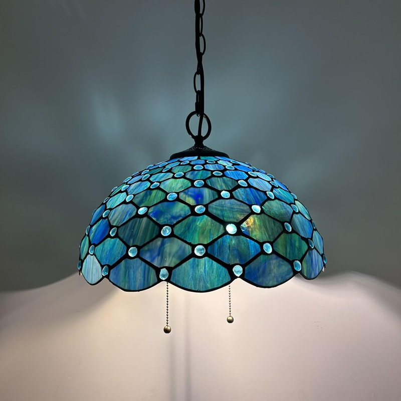 Belday Tiffany Pendant Lights Blue Stained Glass Crystal Beans LED Bulbs Included 16" W*16" D*75" H