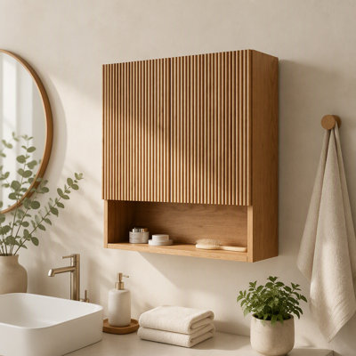 Armoire de salle de bain murale rayée de 26 po avec portes, tablette et compartiment de rangement ouvert au-dessus de la toilette pour salle de bain, cuisine, salle de lavage, couleur grain de bois naturel