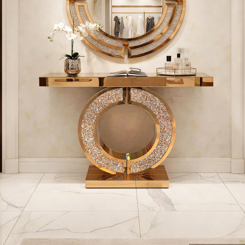 Console en miroir avec incrustation de diamant concassé, longue entrée modulable, base étroite en forme de 0 moderne (brun)