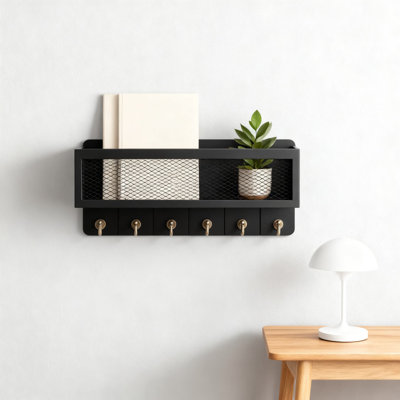 Wall Key And Mail Holder With Storage Basket, 6 Retro Hooks, Farmhouse Wall Mount Organizer For Entryway, Office, Home Decor