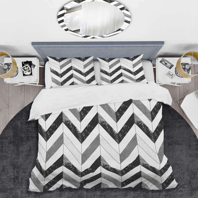 Ensemble de housse de couette moderne à motif de chevrons gris et blanc, Housse de couette simple et deux taies décorative
