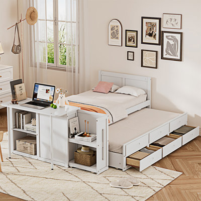 Multifunctional Wood Platform Bed With Desk And Storage Shelf At The End Of The Bed