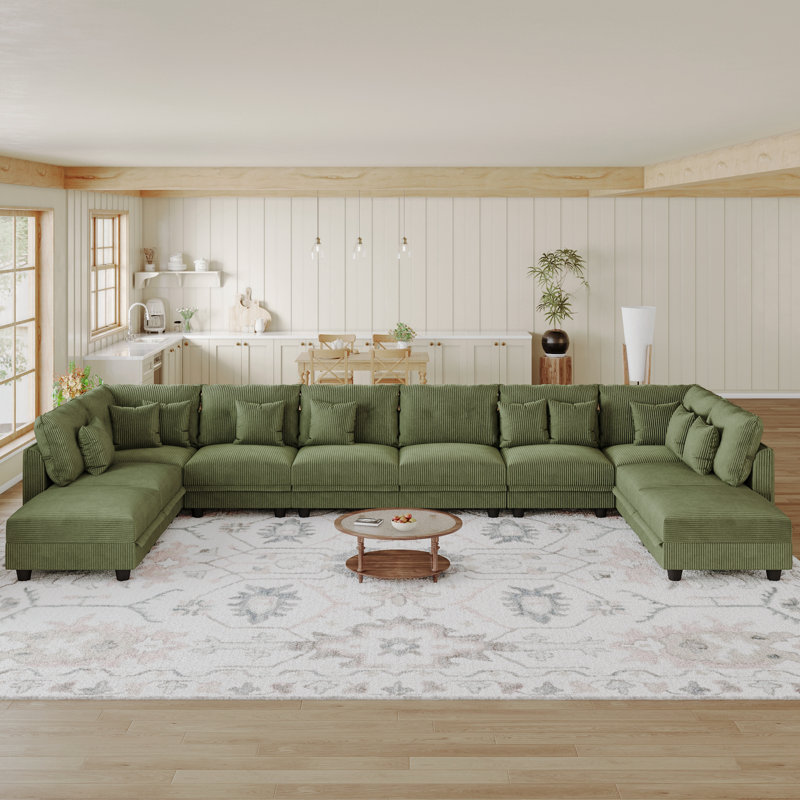 Degennaro 10 Seat Corduroy Convertible Modular Sectional Sofa With Storage, Green Corduroy