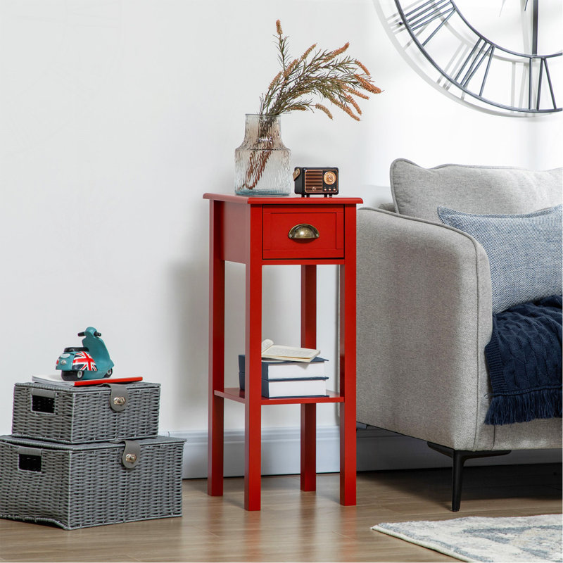 Table d'appoint à 2 niveaux avec tiroir, table de bout étroite avec tablette inférieure, pour le salon ou la chambre à coucher, rouge