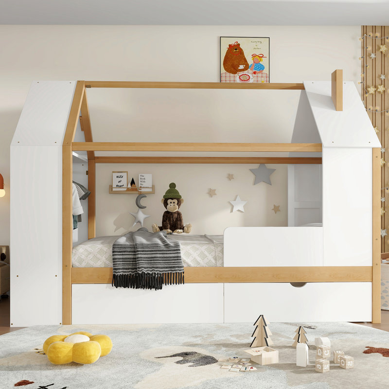 Lit plateforme simple avec tiroirs, lit maison en bois massif avec tablettes, conception enfantine, blanc et naturel, Natural