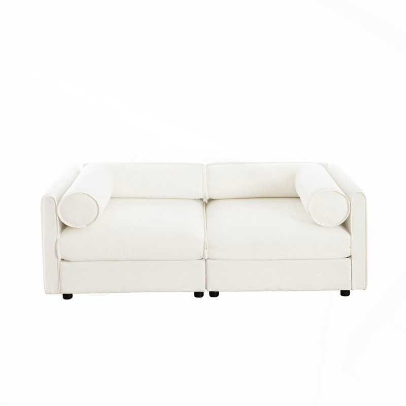Stylish White Chenille 2-Seater Sofa with Storage, Cylindrical Backrest and Armrests, Modern Fabric Loveseat, White, 2
