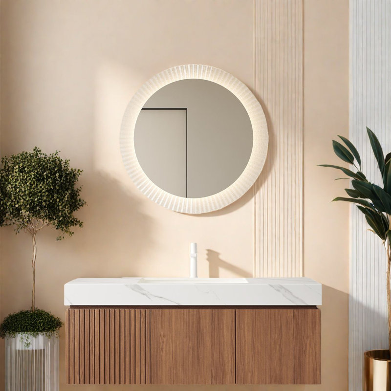 Meuble-lavabo luxueux avec plateau en pierre frittée, armoire en chêne brun