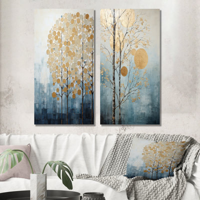 Minimalisme, ensemble d'arbres décoratifs muraux dorés et bleus